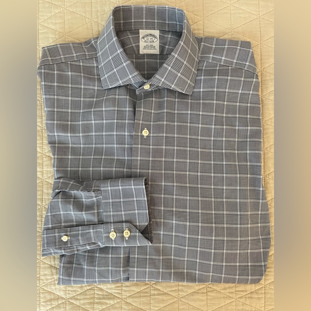 Brooks Brothers Houndstooth Plaid Spread Collar Dress Shirt In Blue Size 16-34